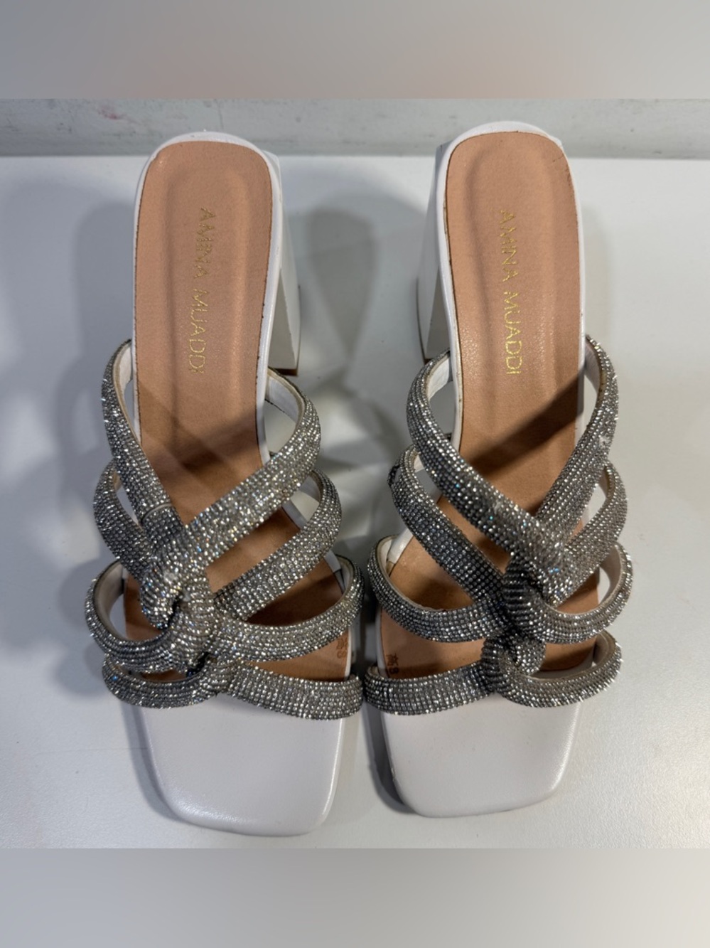 Amina Muaddi Women’s Heels Mules Sandals Silver Patent Crystal Embellished EU 38